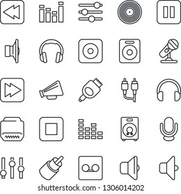 Thin Line Icon Set - vinyl vector, microphone, speaker, loudspeaker, settings, equalizer, headphones, pause button, stop, fast forward, rewind, rec, rca, hdmi, tuning, record, sound