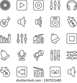 Thin Line Icon Set - vinyl vector, flame disk, microphone, radio, speaker, settings, equalizer, headphones, play button, stop, rewind, rec, tuning, bell, record, music, sound