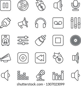 Thin Line Icon Set - vinyl vector, flame disk, microphone, speaker, loudspeaker, settings, equalizer, headphones, pause button, stop, rewind, rec, rca, hdmi, tuning, record, sound