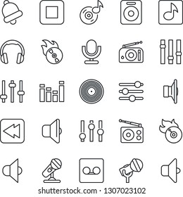 Thin Line Icon Set - vinyl vector, flame disk, microphone, radio, speaker, settings, equalizer, headphones, stop button, rewind, tuning, bell, record, music, sound