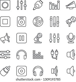 Thin Line Icon Set - vinyl vector, microphone, speaker, loudspeaker, settings, equalizer, headphones, pause button, stop, rec, rca, hdmi, tuning, record, sound