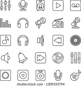 Thin Line Icon Set - vinyl vector, microphone, radio, speaker, settings, equalizer, headphones, play button, fast forward, rewind, rec, tuning, bell, record, music