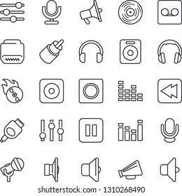 Thin Line Icon Set - vinyl vector, flame disk, microphone, speaker, loudspeaker, settings, equalizer, headphones, pause button, rewind, rec, rca, hdmi, tuning, record, sound