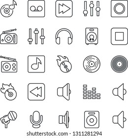 Thin Line Icon Set - vinyl vector, flame disk, microphone, radio, speaker, settings, equalizer, headphones, stop button, fast forward, rewind, tuning, record, music, sound