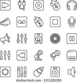 Thin Line Icon Set - vinyl vector, flame disk, microphone, loudspeaker, settings, headphones, speaker, pause button, stop, fast forward, rewind, rec, rca, hdmi, tuning, record, sound