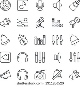 Thin Line Icon Set - vinyl vector, flame disk, microphone, radio, speaker, loudspeaker, settings, equalizer, headphones, rewind, rca, tuning, bell, mute, music, advertising