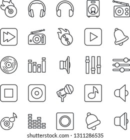 Thin Line Icon Set - vinyl vector, flame disk, microphone, radio, speaker, settings, equalizer, headphones, play button, stop, fast forward, rec, tuning, bell, record, music, sound