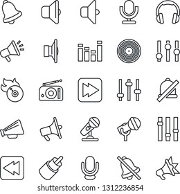 Thin Line Icon Set - vinyl vector, flame disk, microphone, radio, speaker, loudspeaker, settings, equalizer, headphones, fast forward, rewind, rca, tuning, bell, mute, sound, advertising