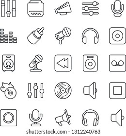 Thin Line Icon Set - vinyl vector, flame disk, microphone, loudspeaker, settings, equalizer, headphones, speaker, stop button, rewind, rec, rca, hdmi, tuning, record, sound