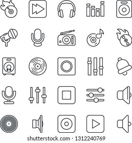 Thin Line Icon Set - vinyl vector, flame disk, microphone, radio, speaker, settings, equalizer, headphones, play button, stop, fast forward, rec, tuning, bell, record, music, sound