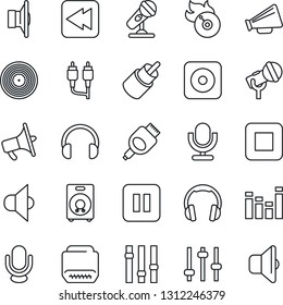 Thin Line Icon Set - vinyl vector, flame disk, microphone, speaker, loudspeaker, settings, equalizer, headphones, pause button, stop, rewind, rec, rca, hdmi, tuning, sound