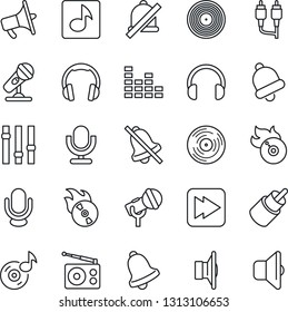 Thin Line Icon Set - vinyl vector, flame disk, microphone, radio, speaker, loudspeaker, settings, equalizer, headphones, fast forward, rca, bell, mute, music, sound