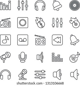 Thin Line Icon Set - vinyl vector, flame disk, microphone, radio, speaker, settings, equalizer, headphones, rewind, tuning, bell, record, music, sound