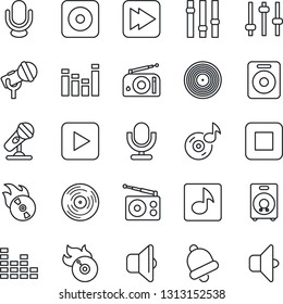 Thin Line Icon Set - vinyl vector, flame disk, microphone, radio, settings, equalizer, speaker, play button, stop, fast forward, rec, tuning, bell, music, sound