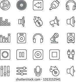 Thin Line Icon Set - vinyl vector, flame disk, microphone, speaker, loudspeaker, settings, equalizer, headphones, pause button, stop, rewind, rec, rca, hdmi, tuning, record, sound
