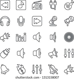 Thin Line Icon Set - vinyl vector, flame disk, microphone, radio, speaker, loudspeaker, settings, equalizer, headphones, fast forward, rewind, rca, tuning, bell, mute, music, sound, advertising