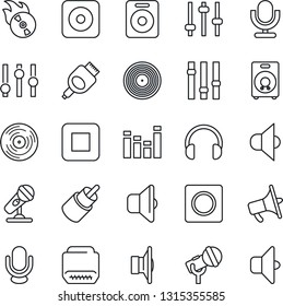 Thin Line Icon Set - vinyl vector, flame disk, microphone, speaker, loudspeaker, settings, equalizer, headphones, stop button, rec, rca, hdmi, tuning, record, sound