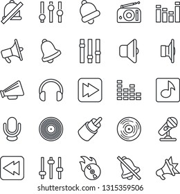 Thin Line Icon Set - vinyl vector, flame disk, microphone, radio, speaker, loudspeaker, settings, equalizer, headphones, fast forward, rewind, rca, tuning, bell, mute, music, sound, advertising