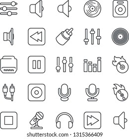 Thin Line Icon Set - vinyl vector, flame disk, microphone, speaker, settings, equalizer, headphones, pause button, stop, fast forward, rewind, rec, rca, hdmi, tuning, sound