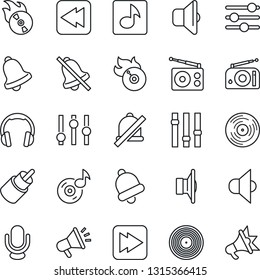Thin Line Icon Set - vinyl vector, flame disk, radio, speaker, settings, microphone, headphones, fast forward, rewind, rca, tuning, bell, mute, music, sound, advertising