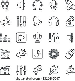 Thin Line Icon Set - vinyl vector, microphone, radio, speaker, loudspeaker, settings, equalizer, headphones, fast forward, rca, tuning, bell, mute, music, advertising