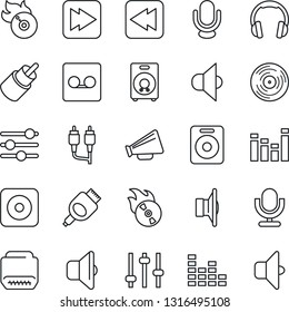 Thin Line Icon Set - vinyl vector, flame disk, speaker, loudspeaker, equalizer, microphone, headphones, fast forward, rewind, rec button, rca, hdmi, tuning, record, sound