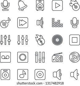 Thin Line Icon Set - vinyl vector, flame disk, radio, speaker, settings, equalizer, microphone, play button, stop, fast forward, rec, tuning, bell, record, music, sound