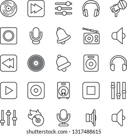 Thin Line Icon Set - vinyl vector, flame disk, microphone, radio, speaker, settings, headphones, play button, stop, fast forward, rewind, rec, tuning, bell, record, sound