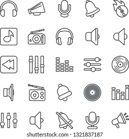 Thin Line Icon Set - vinyl vector, flame disk, radio, speaker, loudspeaker, settings, equalizer, microphone, headphones, rewind, tuning, bell, mute, music, sound, advertising