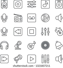 Thin Line Icon Set - vinyl vector, flame disk, microphone, radio, speaker, settings, headphones, play button, stop, fast forward, rewind, rec, tuning, bell, record, music, sound