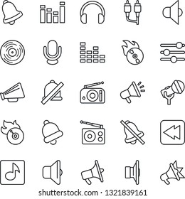 Thin Line Icon Set - vinyl vector, flame disk, microphone, radio, speaker, loudspeaker, equalizer, headphones, rewind, rca, tuning, bell, mute, music, sound, advertising