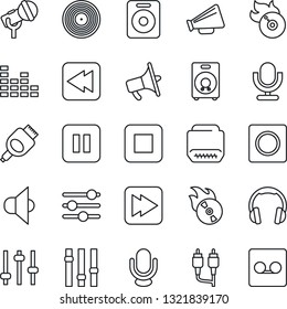 Thin Line Icon Set - vinyl vector, flame disk, microphone, speaker, loudspeaker, settings, equalizer, headphones, pause button, stop, fast forward, rewind, rca, hdmi, tuning, record