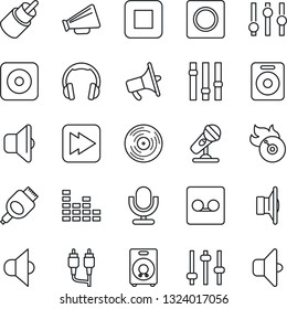 Thin Line Icon Set - vinyl vector, flame disk, microphone, speaker, loudspeaker, settings, equalizer, headphones, stop button, fast forward, rec, rca, hdmi, tuning, record, sound