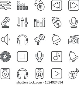 Thin Line Icon Set - vinyl vector, flame disk, microphone, radio, speaker, equalizer, headphones, play button, stop, fast forward, rewind, tuning, bell, music