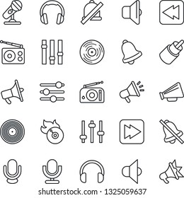 Thin Line Icon Set - vinyl vector, flame disk, microphone, radio, speaker, loudspeaker, settings, headphones, fast forward, rewind, rca, tuning, bell, mute, sound, advertising