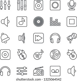 Thin Line Icon Set - vinyl vector, flame disk, microphone, radio, speaker, settings, equalizer, headphones, stop button, fast forward, rec, tuning, bell, record, music, sound