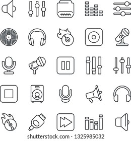 Thin Line Icon Set - vinyl vector, flame disk, microphone, speaker, loudspeaker, settings, equalizer, headphones, pause button, stop, fast forward, rec, hdmi, tuning, sound