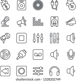 Thin Line Icon Set - vinyl vector, flame disk, microphone, speaker, loudspeaker, settings, equalizer, headphones, stop button, rewind, rca, hdmi, tuning, record, sound