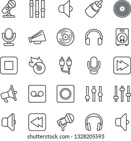 Thin Line Icon Set - vinyl vector, flame disk, microphone, speaker, loudspeaker, settings, headphones, stop button, fast forward, rewind, rca, tuning, record, sound