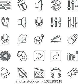 Thin Line Icon Set - vinyl vector, flame disk, radio, loudspeaker, settings, equalizer, microphone, headphones, fast forward, rca, tuning, bell, mute, music, sound, advertising