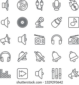 Thin Line Icon Set - vinyl vector, flame disk, microphone, radio, speaker, loudspeaker, settings, equalizer, headphones, fast forward, rca, bell, mute, music, sound, advertising