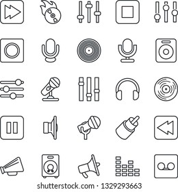 Thin Line Icon Set - vinyl vector, flame disk, microphone, speaker, loudspeaker, settings, equalizer, headphones, pause button, stop, fast forward, rewind, rca, tuning, record