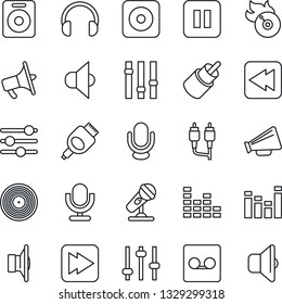 Thin Line Icon Set - vinyl vector, flame disk, microphone, speaker, loudspeaker, settings, equalizer, headphones, pause button, fast forward, rewind, rec, rca, hdmi, tuning, record, sound