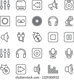 Thin Line Icon Set - vinyl vector, flame disk, microphone, speaker, loudspeaker, settings, equalizer, headphones, pause button, stop, fast forward, rewind, rec, rca, hdmi, tuning, record, sound