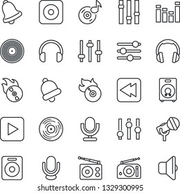 Thin Line Icon Set - vinyl vector, flame disk, microphone, radio, settings, equalizer, headphones, speaker, play button, rewind, rec, tuning, bell, music, sound