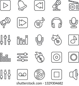 Thin Line Icon Set - vinyl vector, flame disk, microphone, radio, settings, equalizer, headphones, play button, stop, fast forward, rewind, rec, tuning, bell, record, music, sound