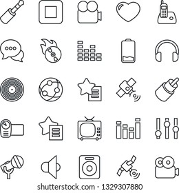 Thin Line Icon Set - vinyl vector, flame disk, microphone, satellite, speaker, tv, settings, equalizer, video camera, network, dialog, headphones, radio phone, favorites list, heart, low battery