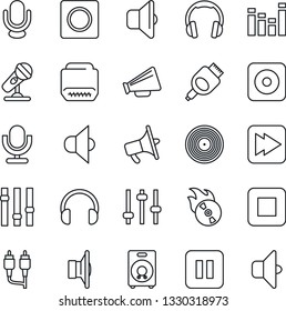 Thin Line Icon Set - vinyl vector, flame disk, microphone, speaker, loudspeaker, settings, equalizer, headphones, pause button, stop, fast forward, rec, rca, hdmi, tuning, record, sound