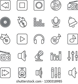 Thin Line Icon Set - vinyl vector, flame disk, microphone, radio, speaker, settings, equalizer, headphones, play button, stop, fast forward, rewind, tuning, bell, record, music, sound