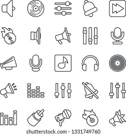 Thin Line Icon Set - vinyl vector, flame disk, microphone, speaker, loudspeaker, settings, equalizer, headphones, fast forward, rca, tuning, bell, mute, music, sound, advertising